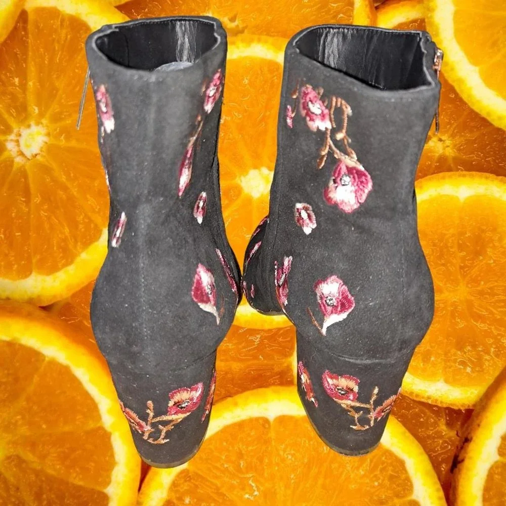 Karl Lagerfeld Black with Embroidered Pink Blower Ankle Boots‎ Size 8